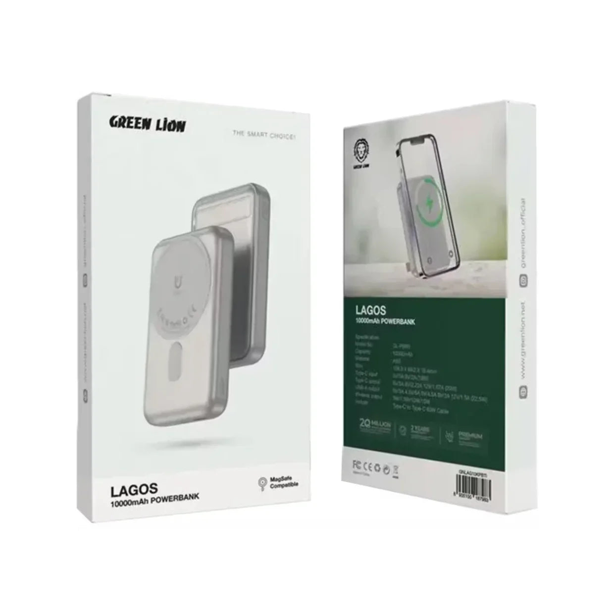 Green Lion Lagos 10000mAh Power Bank with PD 20W, MagSafe Compatible, Strong Adsorption, Built in Stand, Compact & Portable - Titanium